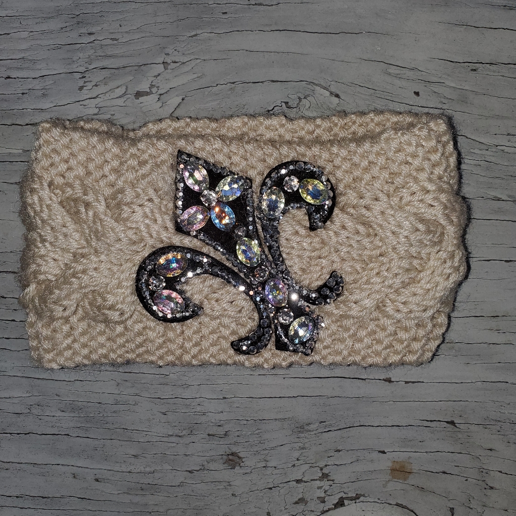 Crochet Knit Headband W/ Rhinestone Bling Fleur De Lis, One Size, Beige